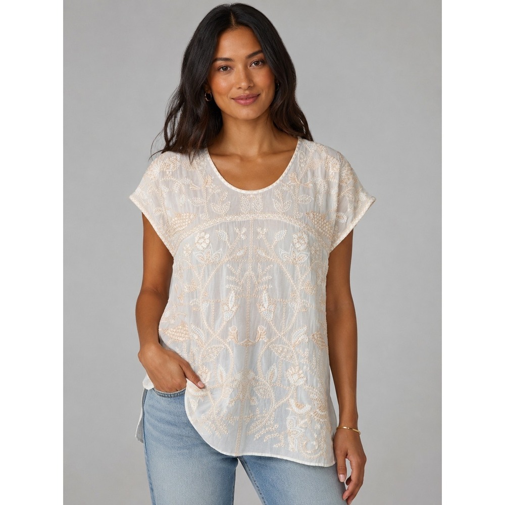 ZARA Boho Peasant Tunic Blouse Size Medium Cream Embroidered Floral Top India